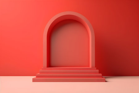 3d rendering of a red arch on a red wall background.の素材