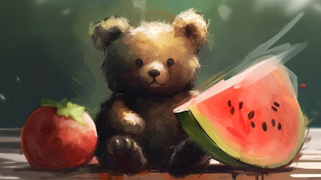 Teddy bear and watermelon on the table. Vector illustration.の素材