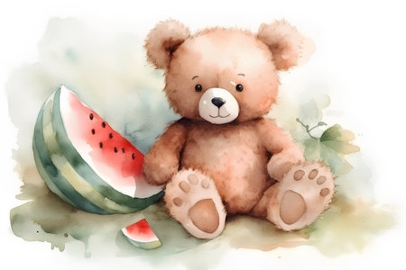 Teddy bear with watermelon. Watercolor painting on white backgroundの素材
