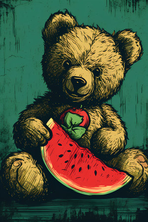 Teddy bear eating watermelon. Vector illustration in retro style.の素材