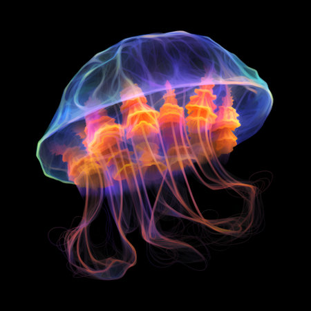 Colorful jellyfish isolated on black background. 3d rendering.の素材