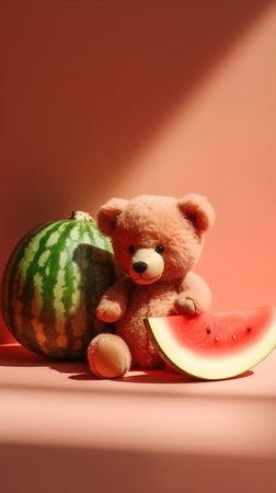 Teddy bear and watermelon on color background. Minimal conceptの素材