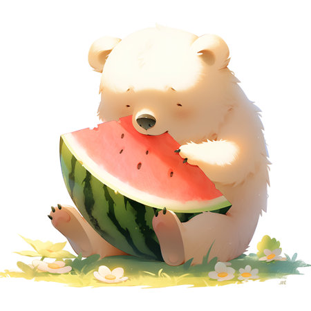 Polar bear eating watermelon. Vector illustration on white background.の素材