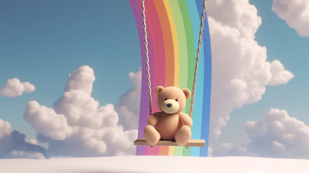 Teddy bear sitting on a swing on the background of the rainbowの素材