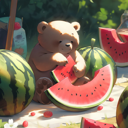 Teddy bear and watermelon on the lawn. 3D illustrationの素材