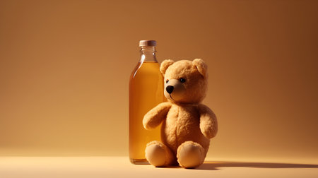 Teddy bear with a bottle of olive oil on a yellow backgroundの素材