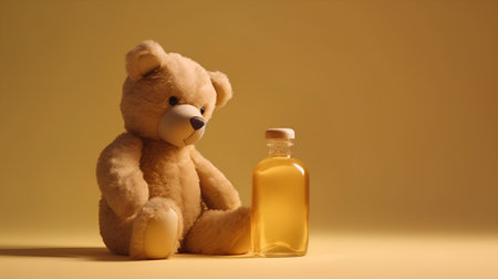 Teddy bear with bottle of oil on yellow background, 3d renderingの素材