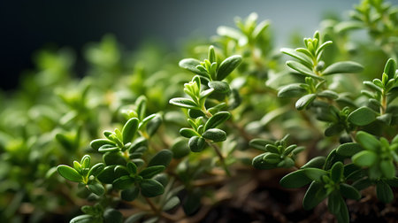 Fresh green thyme sprouts in soil. Close up. Selective focus.の素材