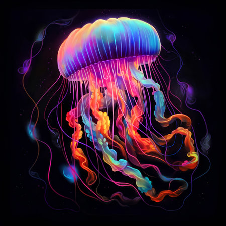 Colorful jellyfish floating on dark background. Vector illustration of jellyfish.の素材