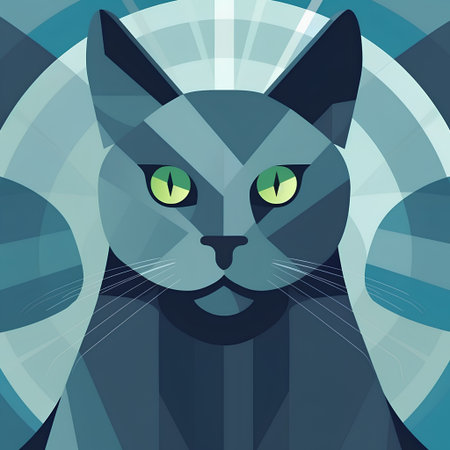 Vector illustration of a cat with green eyes on a blue background.の素材
