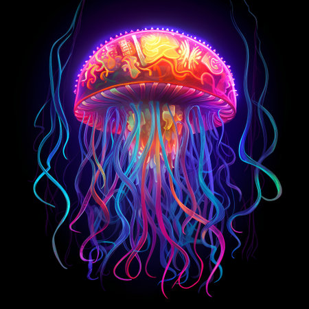 Jellyfish. Vector illustration of jellyfish in neon light.の素材