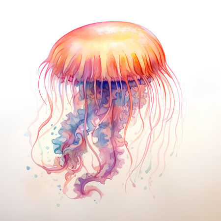 Colorful jellyfish on white background. Watercolor hand drawn illustrationの素材