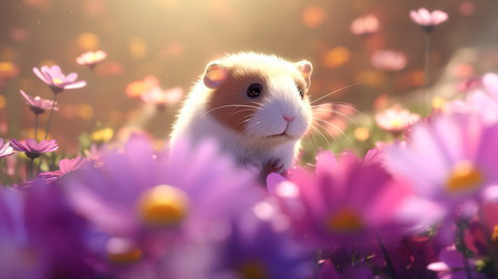 Hamster on a meadow with flowers. Cute pet.の素材