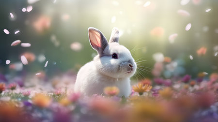 Cute little white rabbit on a spring meadow with flowers.の素材