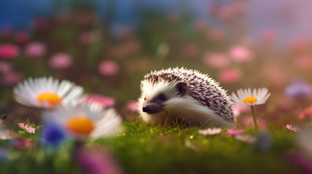 Cute little hedgehog in the meadow with daisiesの素材