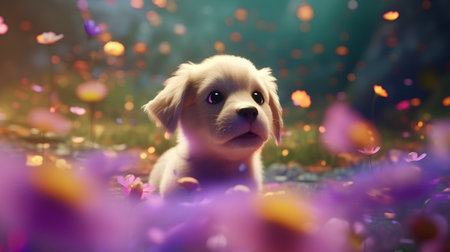 Golden Retriever puppy in the flower meadow. Photo in retro style.の素材