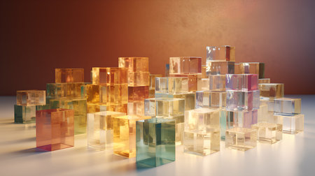 3d render of colorful glass cubes in a row on white backgroundの素材