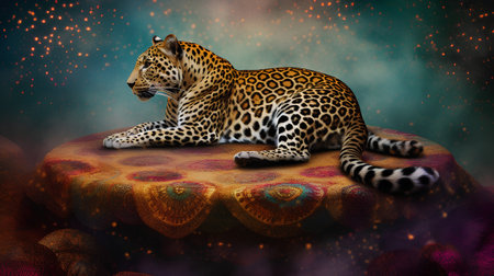 Leopard sitting on a sofa in a fantasy space. 3D renderingの素材