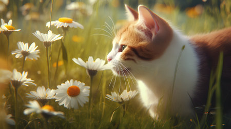 Cute cat and daisy flowers in meadow at sunset.の素材
