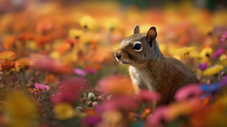 Squirrel in a meadow with colorful flowers in the background.の素材