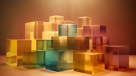 Colorful glass cubes on a brown background. 3d rendering.の素材