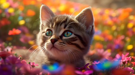 Cute tabby kitten in the meadow with colorful flowers.の素材