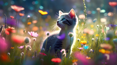 Cute kitten on the meadow with colorful flowers in the evening.の素材
