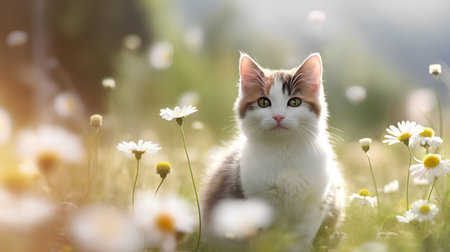 Cute cat sitting in the meadow with daisies.の素材