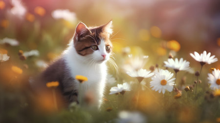 Cute cat in the meadow with daisies at sunsetの素材