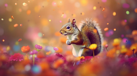 Squirrel in the meadow with flowers and petals. 3d renderingの素材