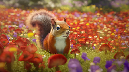 Squirrel in a meadow of poppies. 3d renderの素材