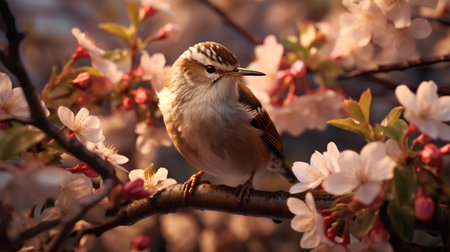 Sparrow on a branch of cherry blossoms in spring.の素材