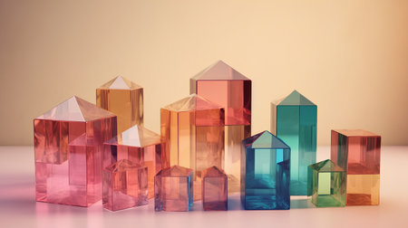 3d illustration of a set of colored crystals on a beige backgroundの素材