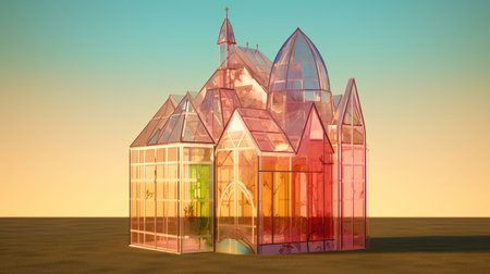 3d render of a fantasy house in the desert with colorful windowsの素材