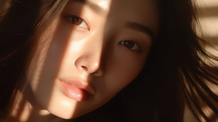 Portrait of a beautiful young asian woman with long brown hairの素材