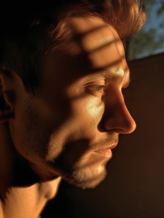 Close-up portrait of young handsome man with shadow on face.の素材