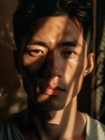 Portrait of a handsome young asian man with shadow on his faceの素材