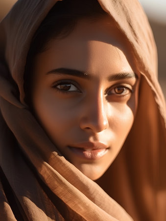 Closeup portrait of a beautiful young muslim woman wearing hijab.の素材