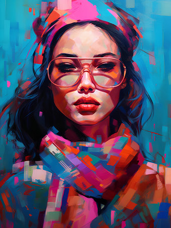 Portrait of a beautiful young woman with glasses. Digital painting.の素材
