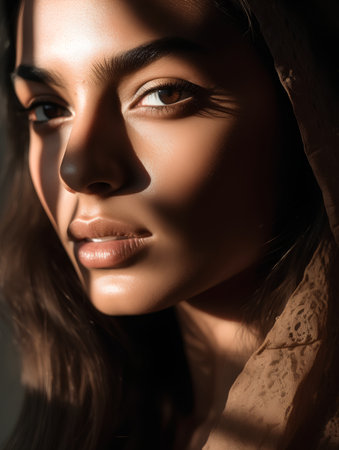 Portrait of a beautiful young woman with makeup and brown hair.の素材