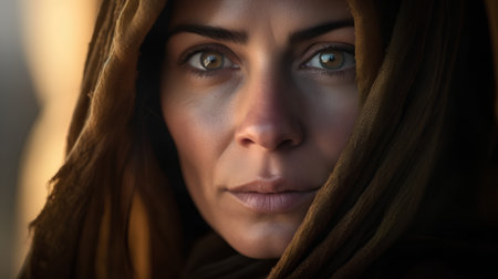 Portrait of a beautiful young woman with brown scarf looking at cameraの素材