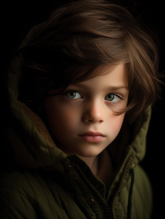 Portrait of a cute little girl in a green jacket on a dark backgroundの素材
