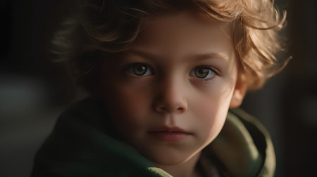 Portrait of a cute little girl in a green coat. Close up.の素材