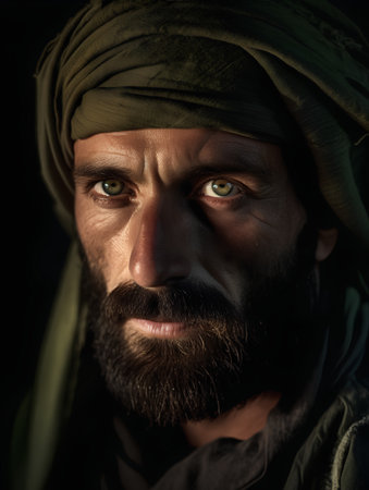 Portrait of a bearded Indian man with a green turban.の素材