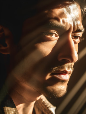 Close-up portrait of a young man in the rays of light.の素材