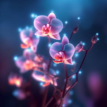 Orchid flowers on a dark blue background. 3D illustration.の素材