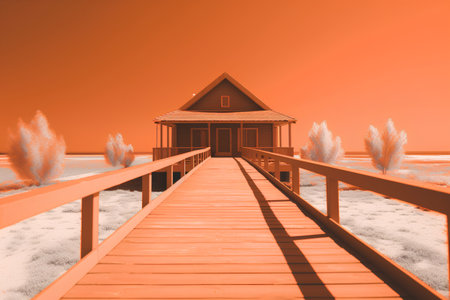 3d render of a wooden house on the beach in winter.の素材