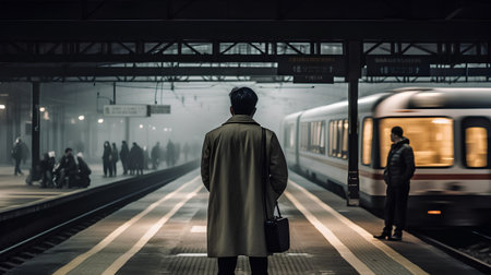 Back view of businessman with briefcase waiting for train at station platformの素材