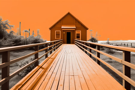 Wooden bridge leading to an old abandoned farmhouse in Colorado.の素材