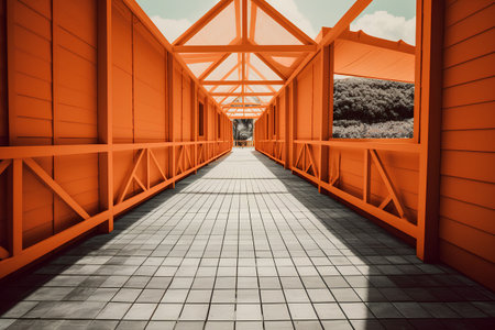 Orange metal bridge with tiled floor in the park. Perspective view.の素材